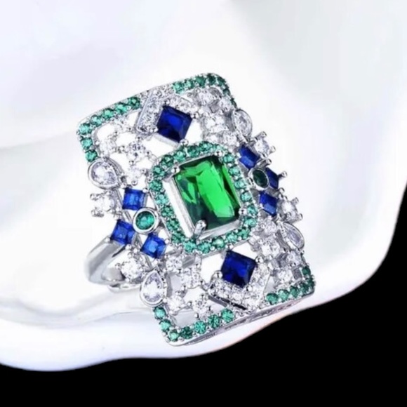 Art Deco Large Blue Green Silver Statement Ring - Picture 8 of 8